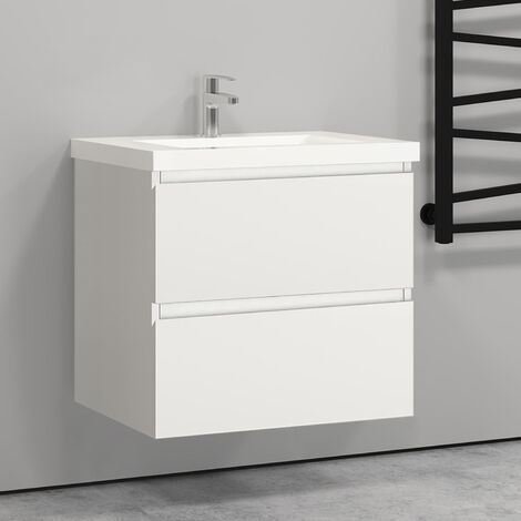 Bathroom Wall Mounted Vanity Unit Sink Cabinet, 2 Soft Close Drawers Flat Pack - 600mm Matt White