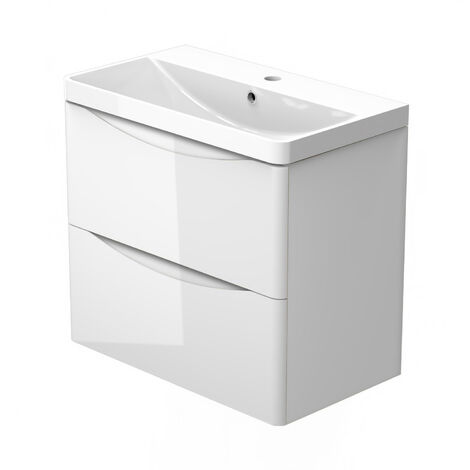 Wall Hung Bathroom Cabinet Vanity Sink Unit with Basin, 2 Drawers Flat Pack - 600mm Gloss White (1/5)