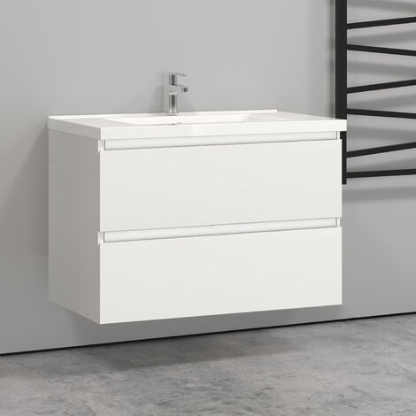 Vanity Unit with Basin Storage Cabinets Matt White 2 Drawer - Wall Hung 800mm