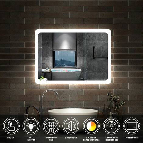 Bathroom Mirror with Lights Anti Fog Touch Sensor Wall Mounted LED Bathroom Mirrors - 700x500mm+Bluetooth+Dimmable+3 Colour