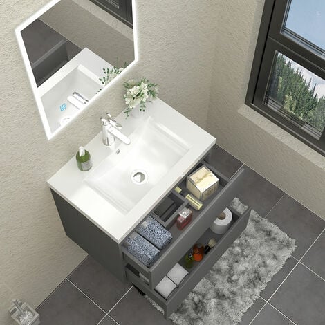 Vanity Unit with Basin Storage Cabinets Matt Grey 2 Drawer - Wall Hung 600mm