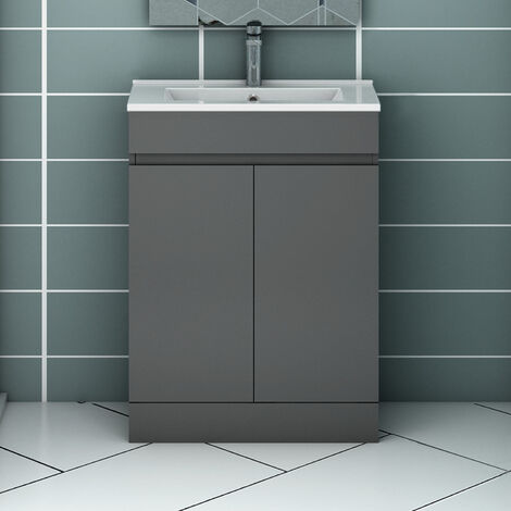 Vanity Unit with Basin Storage Cabinets Matt Grey 2 Doors - Floor Standing 600mm