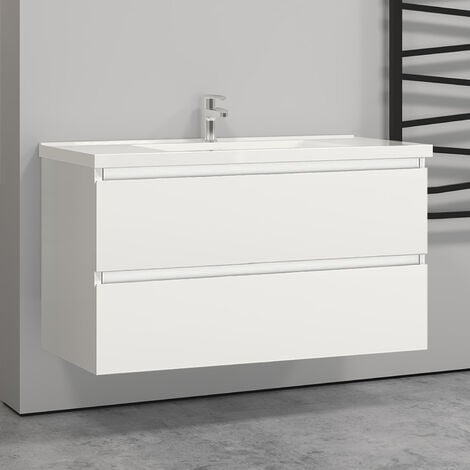 Bathroom Wall Mounted Vanity Unit Sink Cabinet, 2 Soft Close Drawers Flat Pack - 1000mm Matt White