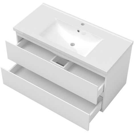 Bathroom Wall Mounted Vanity Unit Sink Cabinet, 2 Soft Close Drawers Flat Pack - 1000mm Matt White