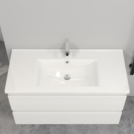 Bathroom Wall Mounted Vanity Unit Sink Cabinet, 2 Soft Close Drawers Flat Pack - 1000mm Matt White