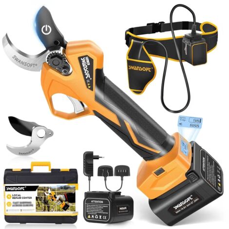 Secateur Electrique Professionnel, 36mm 900W 4Ah/2Ah Sécateur Électrique sans Fil avec Batterie pour jardin, vergers et vignobles, Jaune/Noir