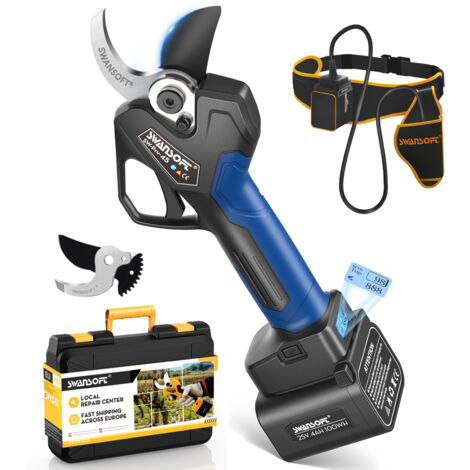 Swansoft – Sécateur électrique professionnel 45mm – Moteur sans balais 1150W – 2 batteries 25V 4Ah pour 10h de coupe – Lame en acier SK5 - 4Ahx2