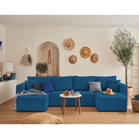 Topaze - 7-sitzer wohnlandschaft u-form - schlaffunktion und bettkasten - cord - schieferblau