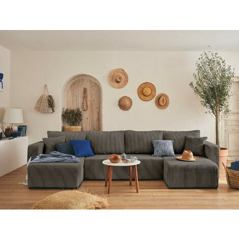 Topaze - 7-sitzer wohnlandschaft u-form - schlaffunktion und bettkasten - cord - grau
