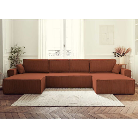 Dellia – wohnlandschaft u-form – 7-sitzer – mit schlaffunktion – mit bettkasten – aus cord - terrakotta