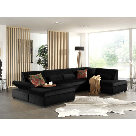 Vermont – panorama-ecksofa in u-form – xxl – aus velours – rechts - schwarz
