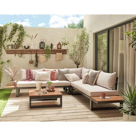 Salome - gartenmöbel set für 5 personen + tisch - modular - holz, metall und beigefarbene kissen - schwarz, holz und beige