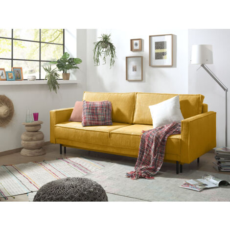 Charlie – 3-sitzer sofa mit schlaffunktion und bettkasten – aus cord - gelb
