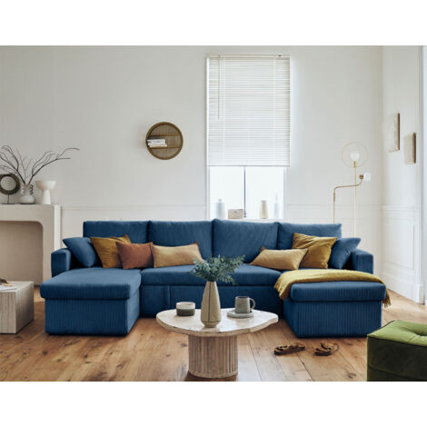 Cyrus - 7-sitzer wohnlandschaft u-form - schlaffunktion und bettkasten - - aus cordstoff - blau