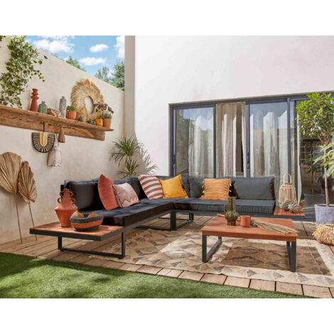Yulara - gartenlounge-set aus holz und metall - 5 sitzplätze - graue kissen - schwarz / holz / beige (1/5)