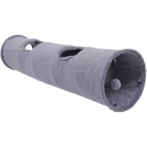 Giocattolo Tunnel per gatti, tunnel pieghevole con grotte, con 2 fori e pallina sospesa per gatti, gattini e conigli, diametro 30 x 130 cm, grigio