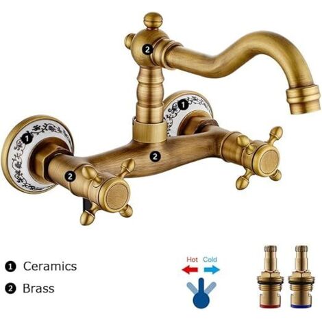 Rubinetto da cucina, rubinetto da cucina a parete, rubinetto per lavello vintage con miscelatore antico per lavello in ceramica e ottone con acqua calda e fredda (vecchio)