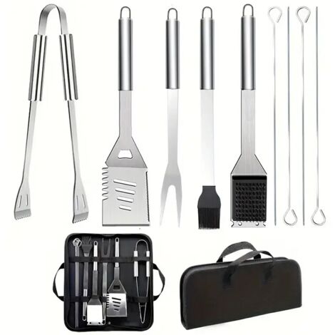 Set di 10 utensili professionali per barbecue in acciaio inossidabile - Kit pratico per grigliate con borsa portatile - Set di attrezzi per campeggio e picnic all'aperto