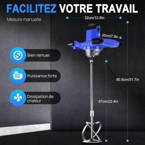 Malaxeur Électrique, 2600W Agitateur Malaxeur à Mortier Mélangeur à Béton Réglable à 6 Vitesses, Batteur à Main, M14 Barre Spirale Chromée, Pour Platre Mortier Peinture Ciment Nourriture Colle