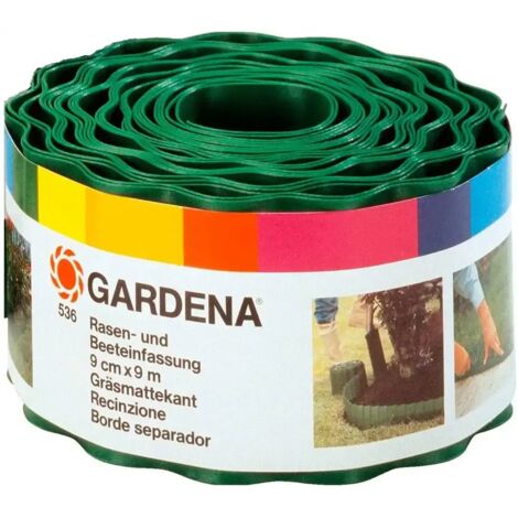 Gardena – Recinzione per prato in plastica verde 9 m – Altezza 9 cm – Limita radici e invasione erbacce – Per bordi aiuole ordinati (1/7)