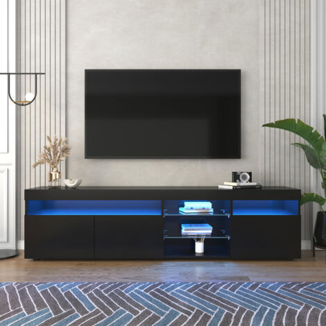 SIRHONA LED Meuble TV Noir avec 2 Compartiments et 1 Portes Bois