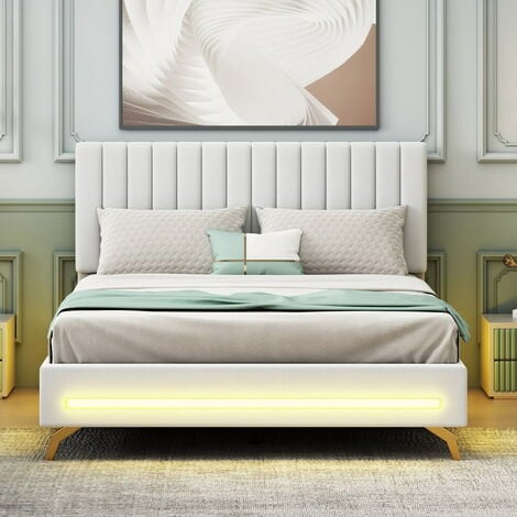 VersLife lit rembourré 140 x 200 cm, lit adulte avec lumières LED, lit double avec tête de lit réglable, avec sommier à lattes, tissu velours-blanc