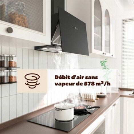 FIREGAS Hottes Aspirantes 60cm, Hotte de Cuisine Inclinée, 578m³/h Puissance d'aspiration élevée, Avec levier d'air, verre dépoli