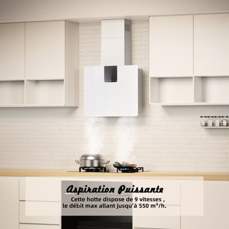 FIREGAS Hotte aspirante 60cm,Moteur Brushless,Économie d'énergie,9 Vitesses,550 m³/h,Blanc,Classe énergétique A+