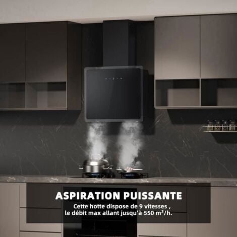 FIREGAS Hotte Aspirante Murale 60cm,Moteur Sans Balais, 550 m³/h, 9 Vitesses, Avec Filtre, Noir,Bord Transparent