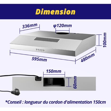 Hotte aspirante FIREGAS 60 cm, évacuation et recyclage, moteur brushless, classe énergétique A