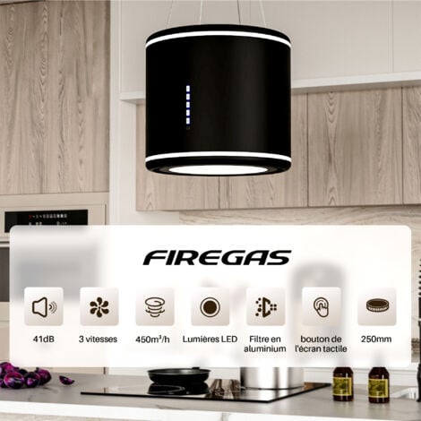 FIREGAS Hotte îlot Centrale 450m ³/ h 38cm - Hotte Aspirante 3 Vitesses - Hotte Suspendue Recyclage -Grise-Classe énergétique B