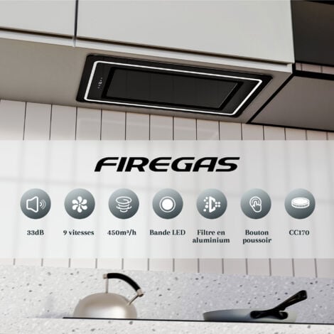 FIREGAS Hotte aspirante encastrée de 52 cm-Aspiration de 450m³/h-Efficace et silencieux-9 Vitesses-Noire [Classe énergétique A++]