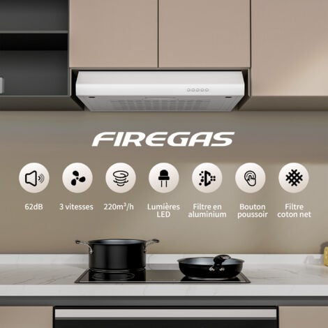 Hotte Aspirante Casquette Visière 60cm FIREGAS -3 Vitesses - Évacuation et Recyclage - Classe B - Filtre en Coton - Blanc
