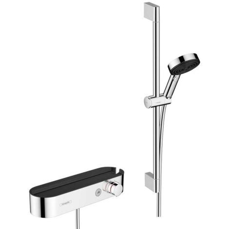 hansgrohe Pulsify Select S Brausesystem 105 3jet Relaxation mit Handbrause, Thermostat, Brausestange 65 cm, Handbrausehalterung und Brauseschlauch Chrom, 24260000