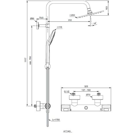 Ideal Standard CeraTherm - Brauseset T100 mit Thermostat, 20 cm 3 Strahlarten, Chrom A7240AA