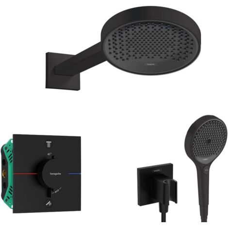 Hansgrohe - Brauseset mit Unterputz-Thermostat, mit Einbaukörper, Durchmesser 25 cm, 3 Strahlarten, schwarz matt SANI21HHH407