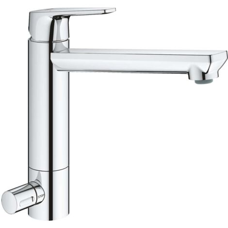 Küchenarmatur Grohe BauEdge – verchromt – integrierte Vorabsperrung – mittiger Auslauf – drehbarer Auslauf 140° – GROHE StarLight (1/5)