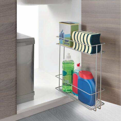 Rangement coulissant pour bouteilles et flacons – 2 étagères – Revêtement Polytherm – Fixation sans perçage – Dimensions 10x34x38 cm – Metaltex