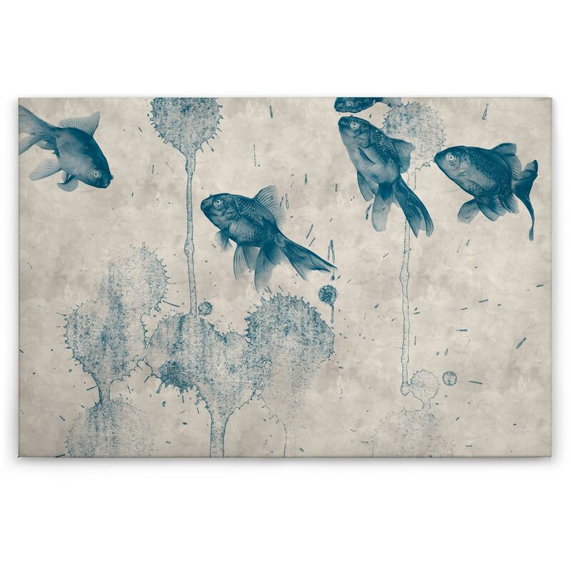 Leinwandbild Fisch 60 x Wanddeko 90 Wandbild Wohnzimmerdeko Blau Keilrahmen Natur cm Tiere Beige Wandgemälde - 
