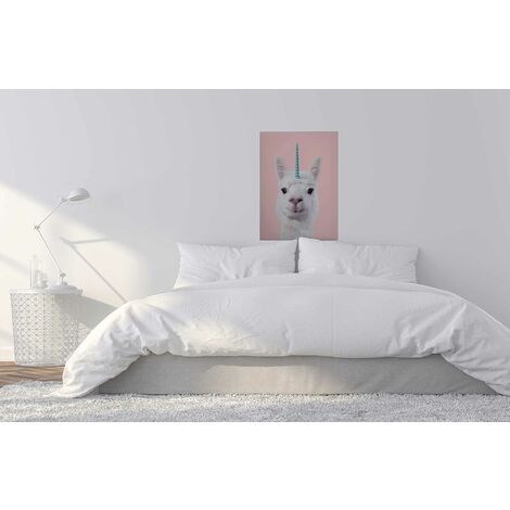 Leinwandbild Tiere 70 x 50 Wandbild - Fantasy Rosa Alpaka Keilrahmen Wohnzimmerdeko Wandgemälde cm Wanddeko Weiß - Einhorn