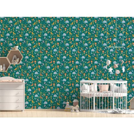 TADESSI Tapete Kinderzimmer M1-No.717 Vliestapete Grün Gelb Dschungeltapete Tiere Jungenzimmer Mädchenzimmer (1/5)