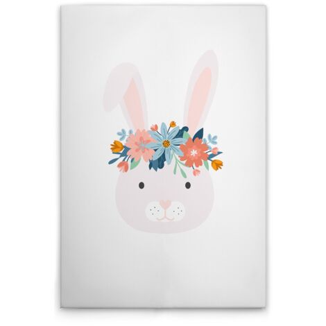 Leinwandbild Kinderzimmer Hase mit Blumen M1-No.51478 - Kunstdruck auf Leinwand in Weiß Bunt - Wandbild 30 x 45 cm
