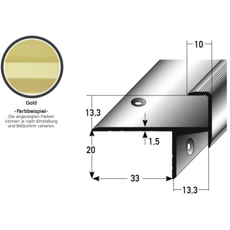 Laminat-Parkett-Treppenkante / Winkelprofil "Cardale", Einfasshöhe 13,3 mm, 33 mm breit, Aluminium eloxiert, gebohrt-goldfarbig-1000
