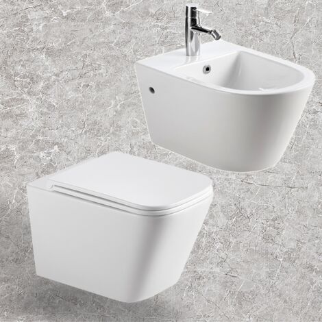 HOROW Toilette Wand Hänge WC + Bidet Toilette WC-Sitz Keramik spülrandlos SoftClose-Toilettendeckel