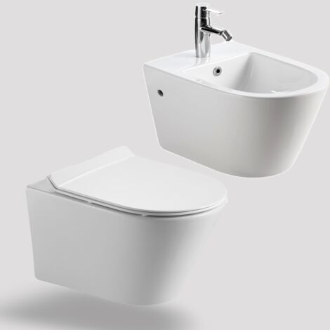HOROW Paar Randlos Aufgehängte Sanitärarmaturen Hänge Spülrandloses WC + Wand Bidet SoftClose Sitz