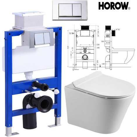 HOROW Komplettset Vorwandelement Spülkasten + Spülrandlos Hänge WC Wand Toilette mit Soft Close WC Sitz + Betätigungsplatte