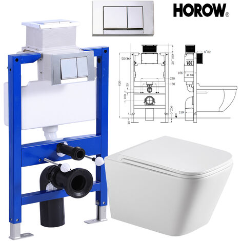 Spülrandlos Hänge WC Komplettpaket mit WC Sitz mit Absenkautomatik aus Keramik - Gäste Wand WC Toiletten mit Einloch-Superspin-Spülung + 82 cm Vorwandelement mit Betätigungsplatte