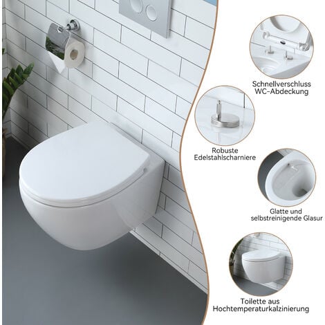 Hänge WC Kompakte Toilette aus Keramik mit Toilettendeckel mit Absenkautomatik - Toilettenschüssel mit Einloch-Superspin-Spülung + Pack 82 cm Vorwandelement + Betätigungsplatte