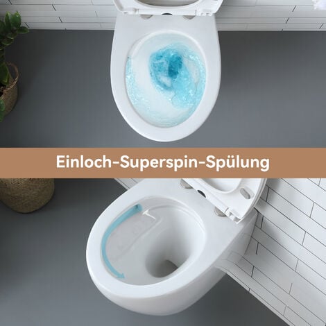Hänge WC Kompakte Toilette aus Keramik mit Toilettendeckel mit Absenkautomatik - Toilettenschüssel mit Einloch-Superspin-Spülung + Pack 82 cm Vorwandelement + Betätigungsplatte