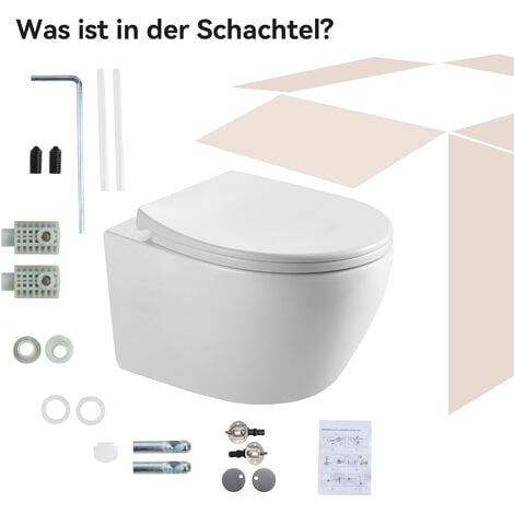 Hänge WC Kompakte Toilette aus Keramik mit Toilettendeckel mit Absenkautomatik - Toilettenschüssel mit Einloch-Superspin-Spülung + Pack 82 cm Vorwandelement + Betätigungsplatte